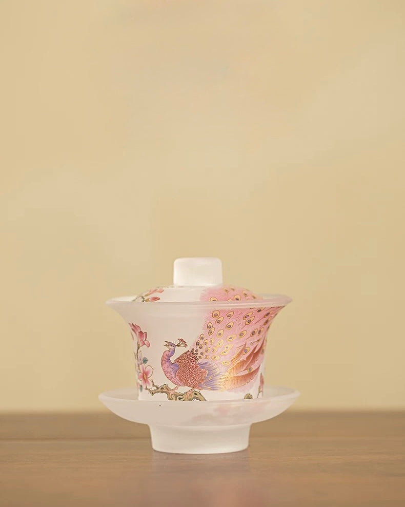 Pink Frosted "Luminous Peacock" Glass Sancai Gaiwan