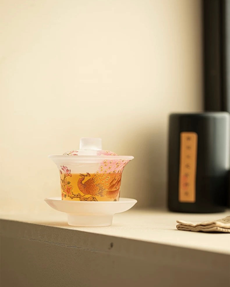 Pink Frosted "Luminous Peacock" Glass Sancai Gaiwan - Thumbnail 5