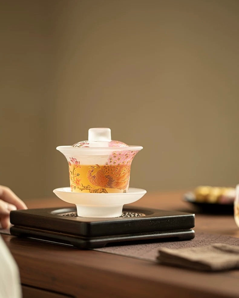 Pink Frosted "Luminous Peacock" Glass Sancai Gaiwan