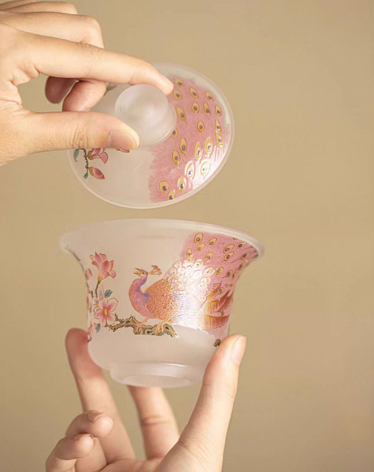 Pink Frosted "Luminous Peacock" Glass Sancai Gaiwan - Thumbnail 4