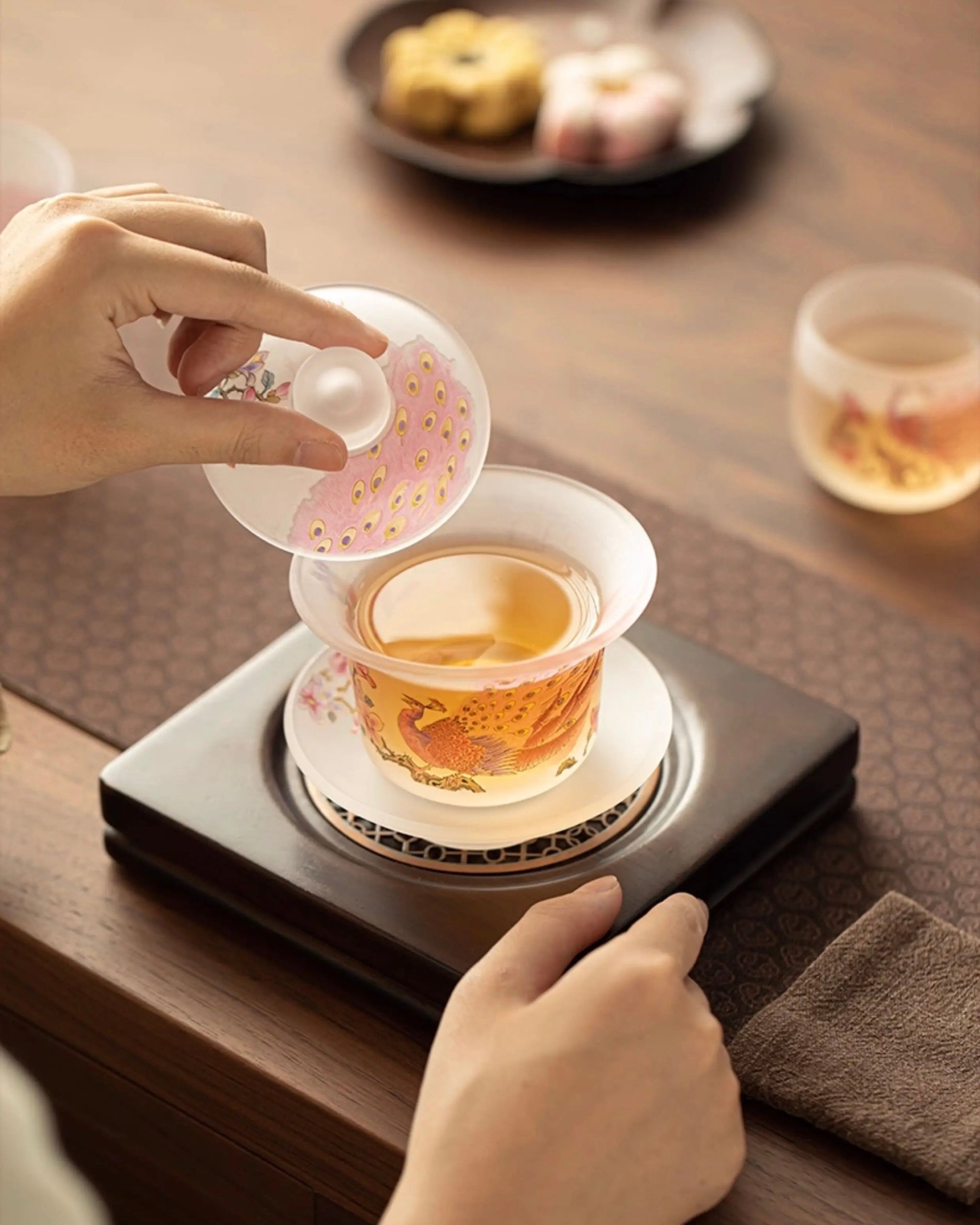 Pink Frosted "Luminous Peacock" Glass Sancai Gaiwan