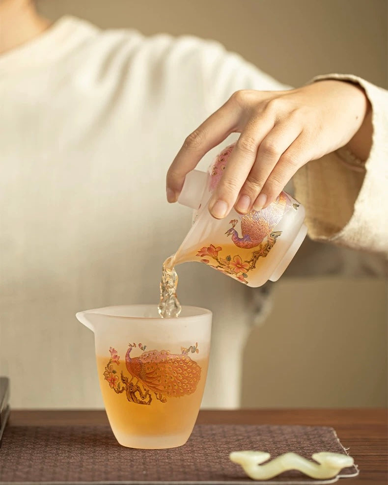 Pink Frosted "Luminous Peacock" Glass Sancai Gaiwan - Thumbnail 2