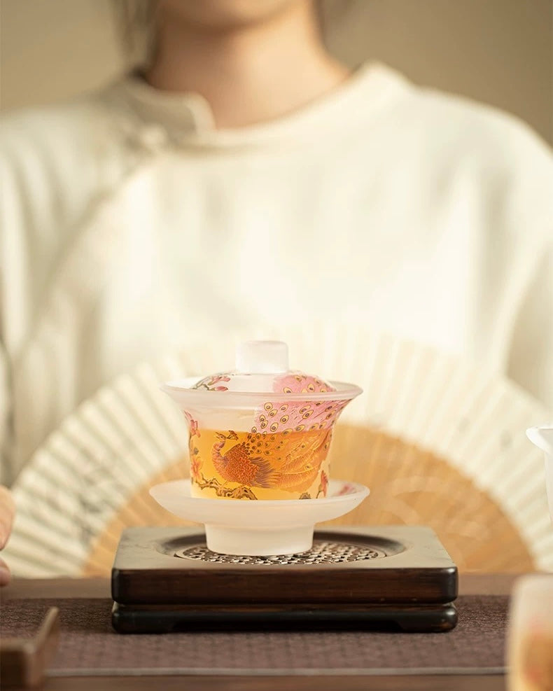 Pink Frosted "Luminous Peacock" Glass Sancai Gaiwan