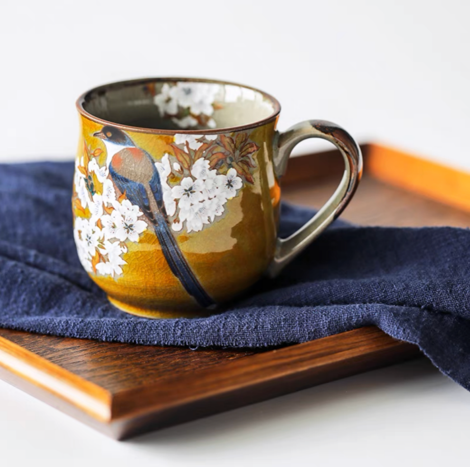 Authentic Kutani Yaki Mug: Yellow Glaze, Floral Bird Motif