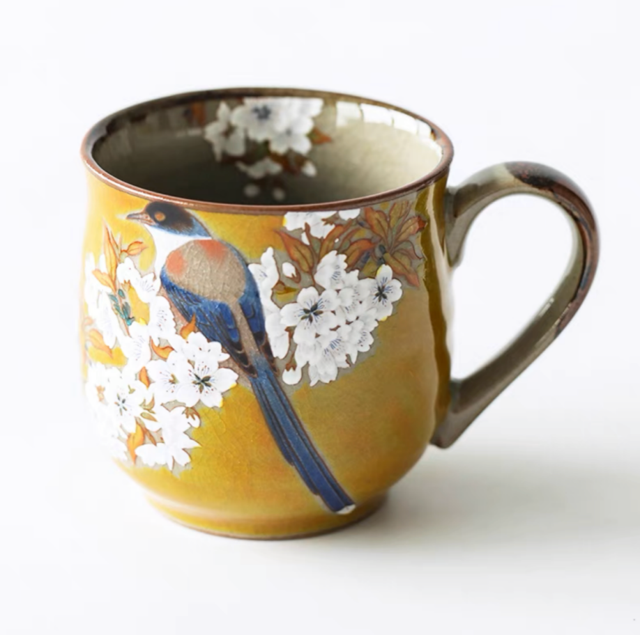 Authentic Kutani Yaki Mug: Yellow Glaze, Floral Bird Motif