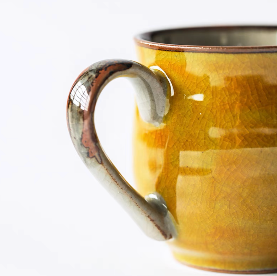 Authentic Kutani Yaki Mug: Yellow Glaze, Floral Bird Motif