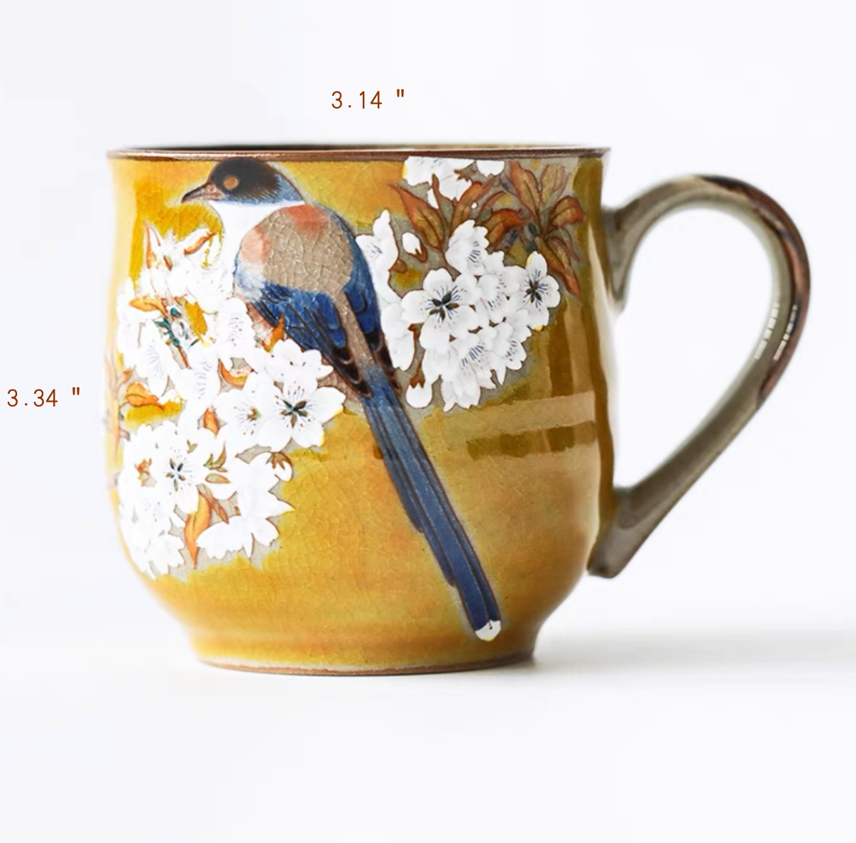 Authentic Kutani Yaki Mug: Yellow Glaze, Floral Bird Motif