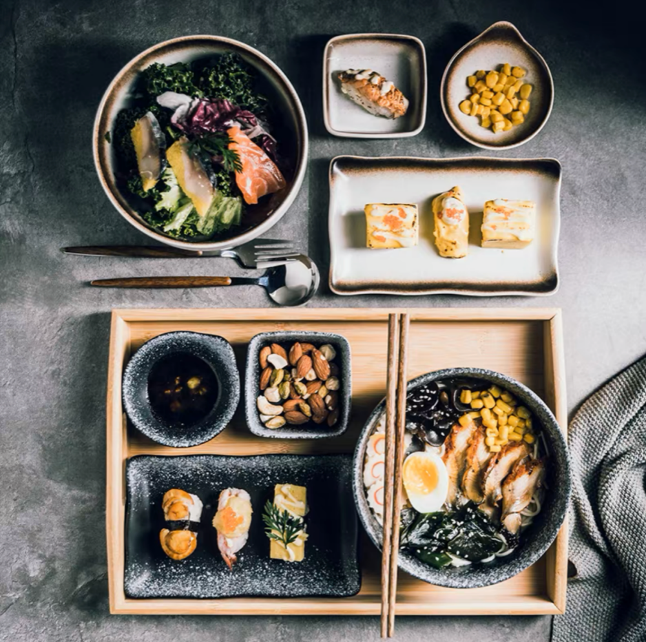 Handmade Japanese Ramen Bowl Set: Noodle Bowl, Serving Dishes, Utensils & Tray