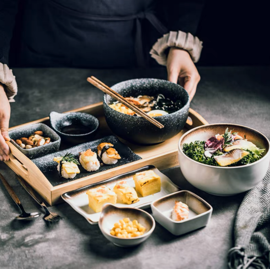 Handmade Japanese Ramen Bowl Set: Noodle Bowl, Serving Dishes, Utensils & Tray