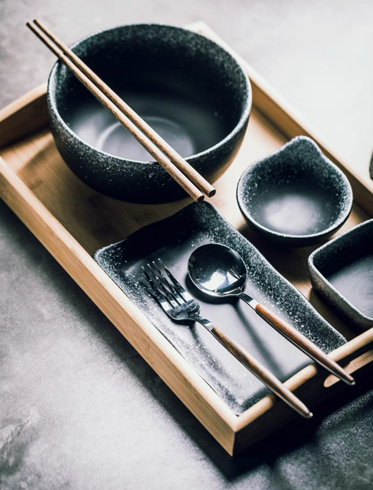 Handmade Japanese Ramen Bowl Set: Noodle Bowl, Serving Dishes, Utensils & Tray