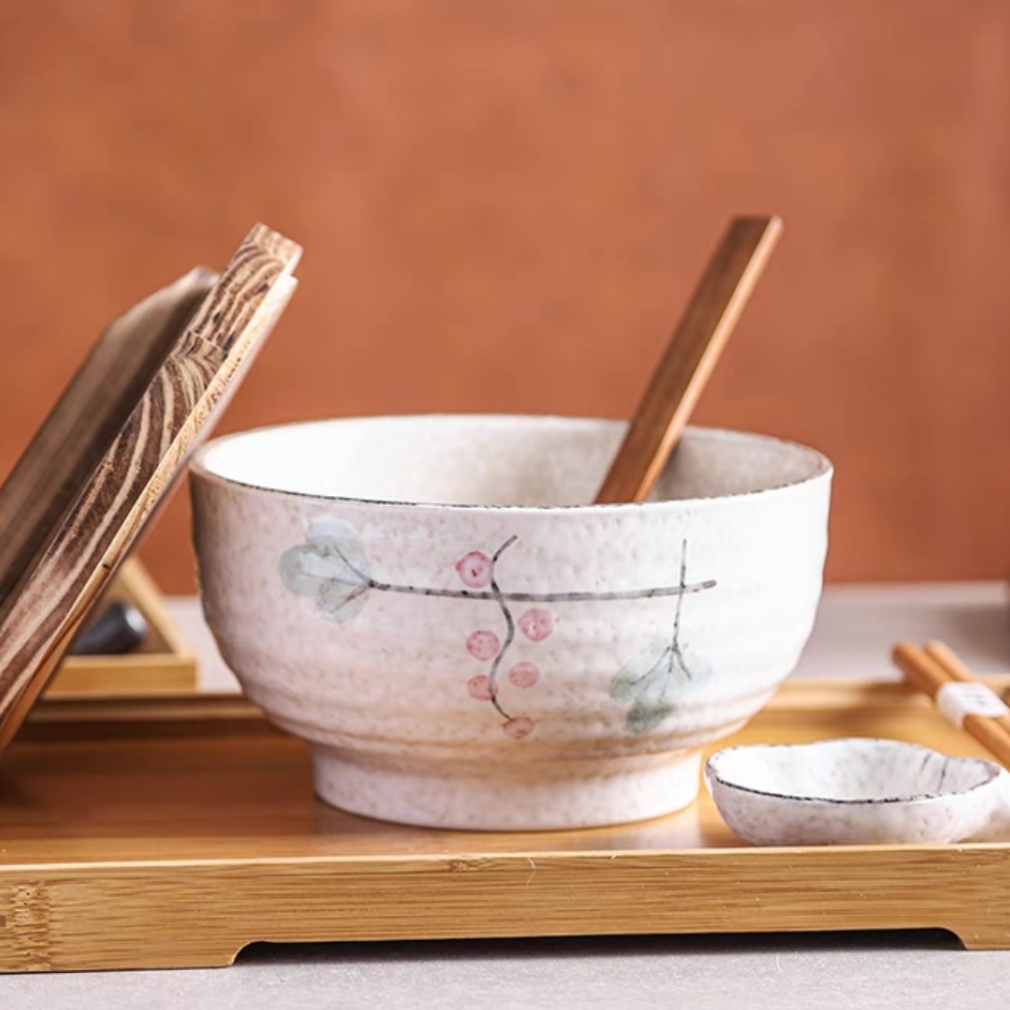 Handmade Japanese Ramen Bowl Set: Large Soup Spoon, Chopsticks, Rest & Bamboo Tray