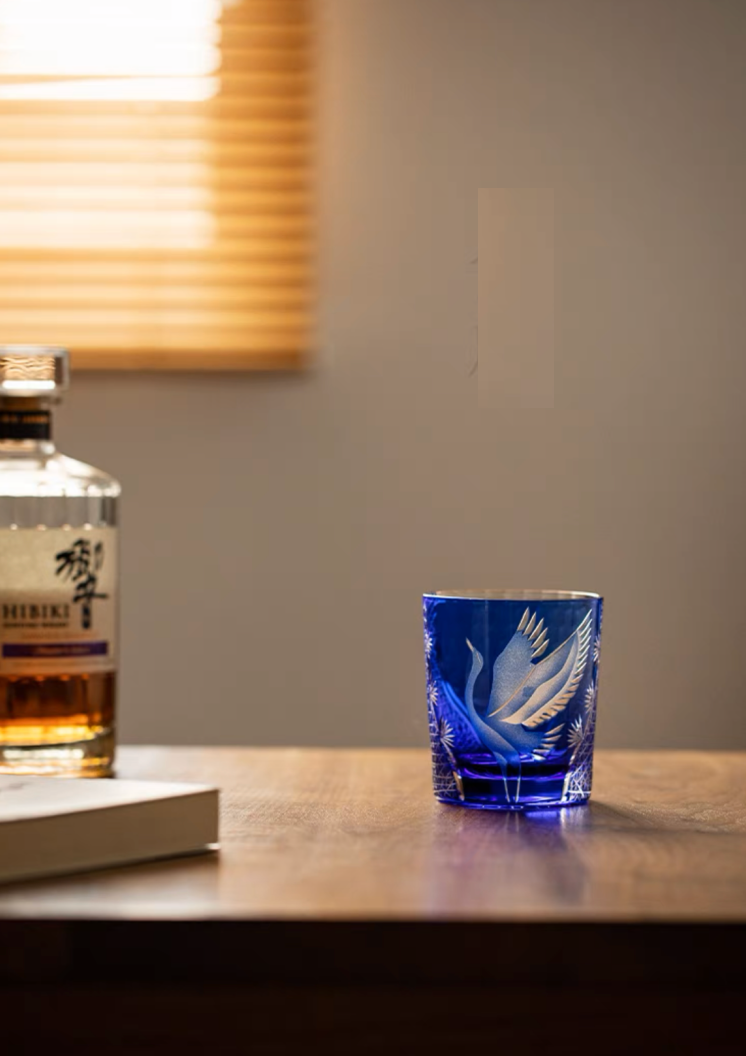 Edo Kiriko Whiskey Glass - Hand-Cut Pine & Crane Design