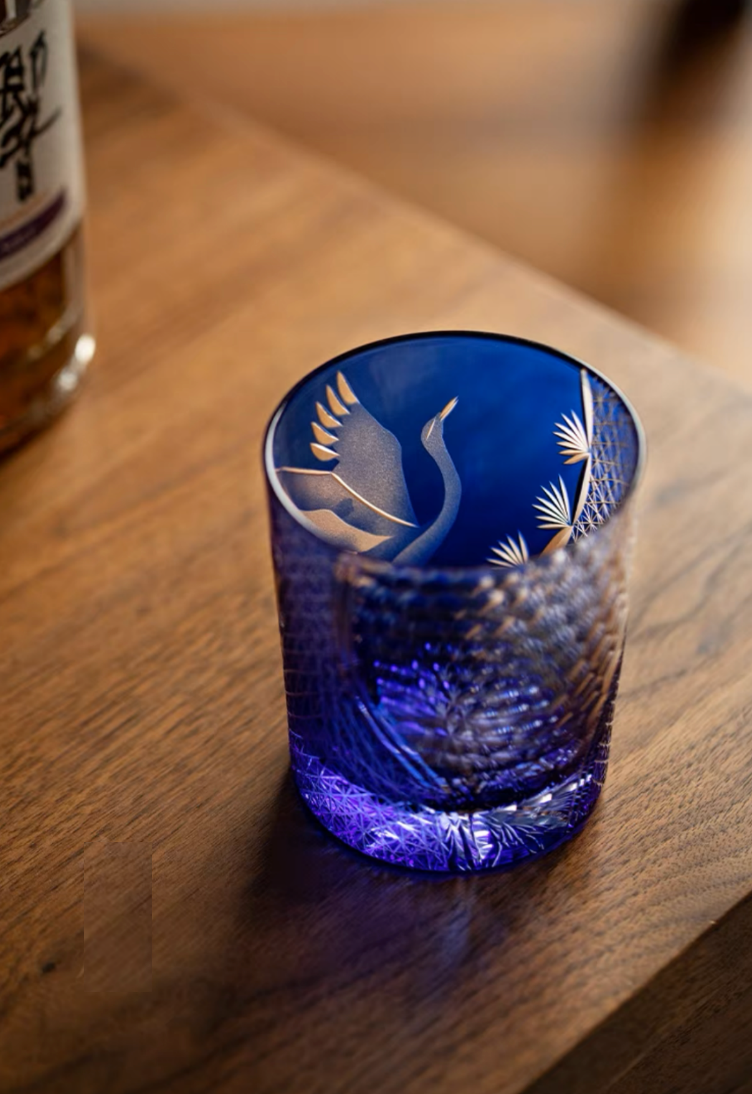 Edo Kiriko Whiskey Glass - Hand-Cut Pine & Crane Design