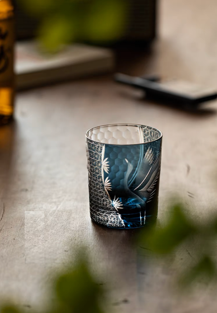 Edo Kiriko Whiskey Glass - Hand-Cut Pine & Crane Design