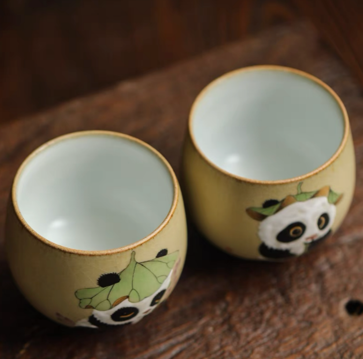 Authentic Ru Ware Panda Teacup: Crackle Glaze, Hand-Painted Design