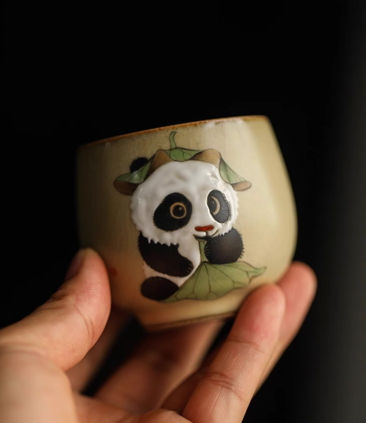 Authentic Ru Ware Panda Teacup: Crackle Glaze, Hand-Painted Design