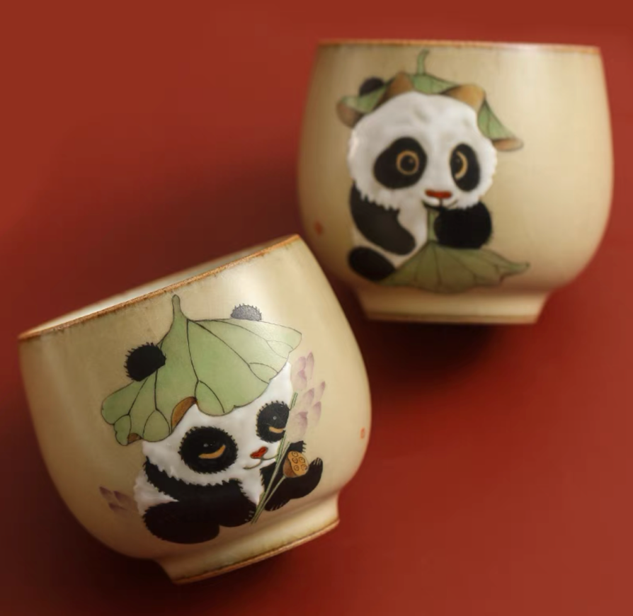 Authentic Ru Ware Panda Teacup: Crackle Glaze, Hand-Painted Design