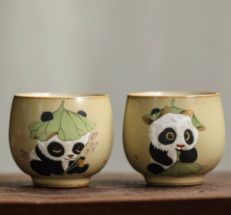 Authentic Ru Ware Panda Teacup: Crackle Glaze, Hand-Painted Design