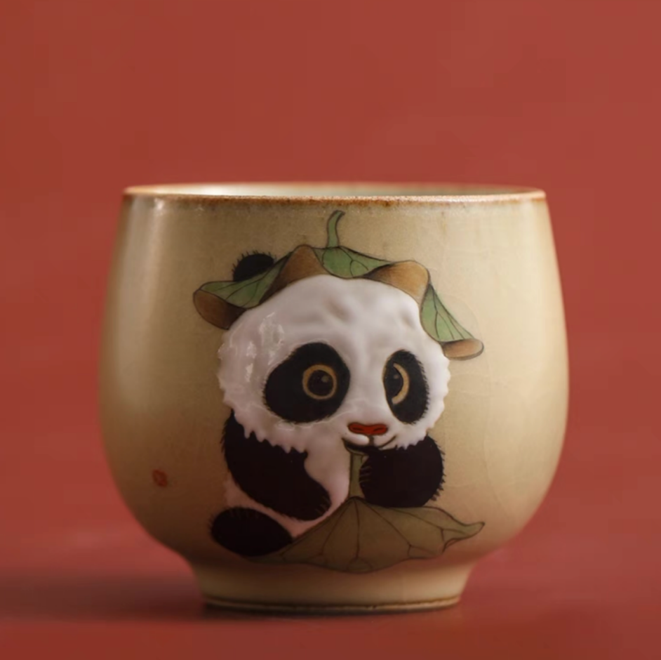 Authentic Ru Ware Panda Teacup: Crackle Glaze, Hand-Painted Design