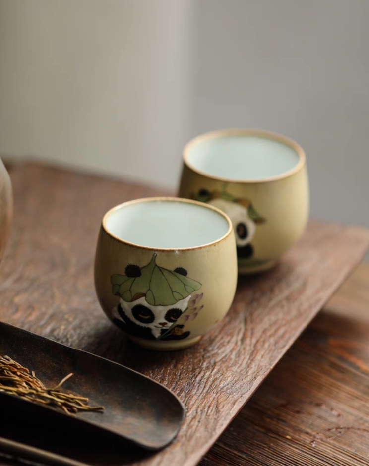 Authentic Ru Ware Panda Teacup: Crackle Glaze, Hand-Painted Design