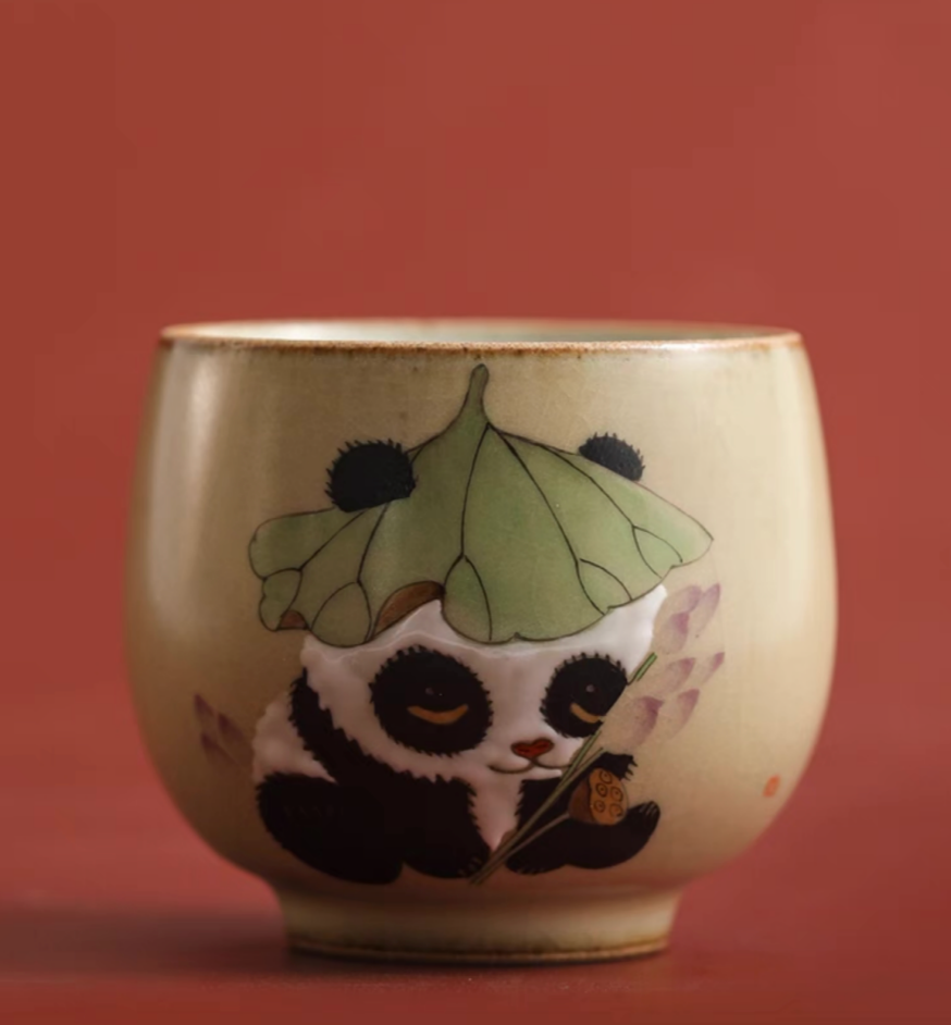 Authentic Ru Ware Panda Teacup: Crackle Glaze, Hand-Painted Design