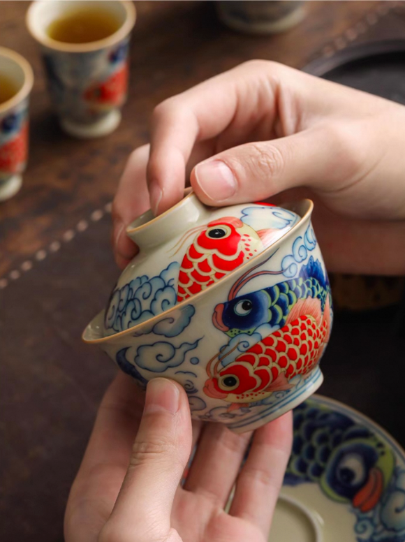 Handmade Sancai Gaiwan Teacup: Dragon Fish & Yuanbao Design