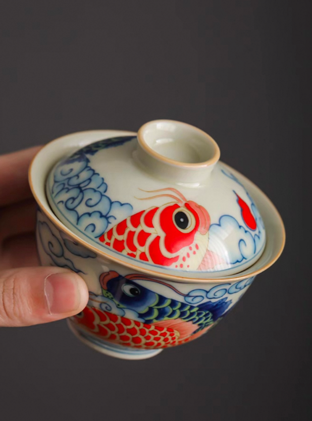 Handmade Sancai Gaiwan Teacup: Dragon Fish & Yuanbao Design