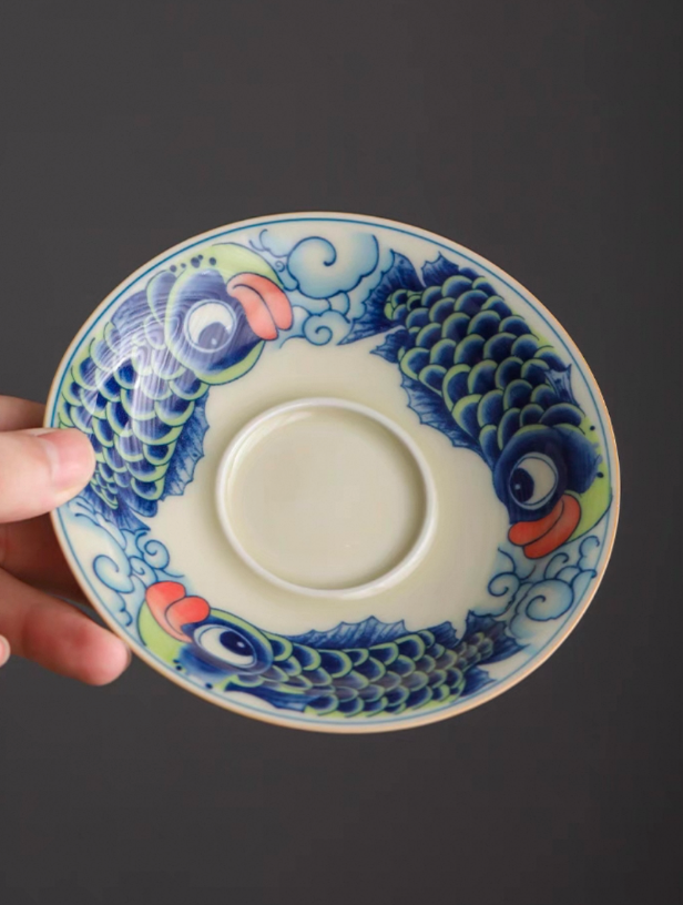 Handmade Sancai Gaiwan Teacup: Dragon Fish & Yuanbao Design
