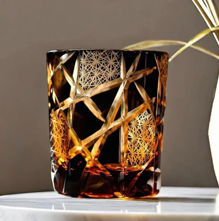 Exquisite Handmade Edo Kiriko "Twilight of the Gods" Amber Crystal Tumbler