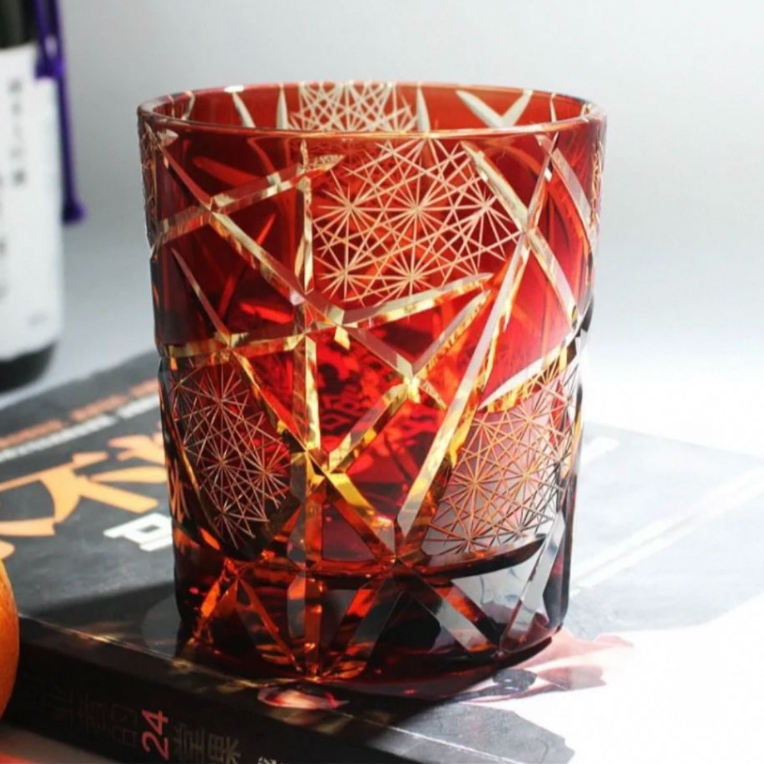 Exquisite Handmade Edo Kiriko "Twilight of the Gods" Amber Crystal Tumbler