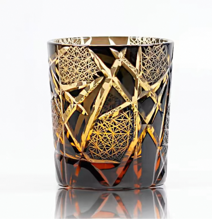 Exquisite Handmade Edo Kiriko "Twilight of the Gods" Amber Crystal Tumbler