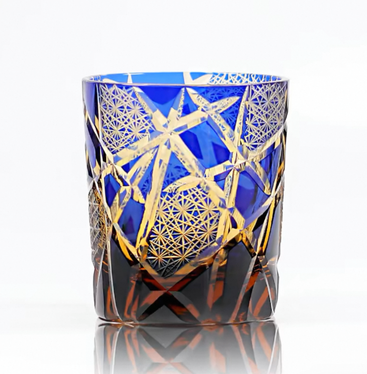 Exquisite Handmade Edo Kiriko "Twilight of the Gods" Amber Crystal Tumbler