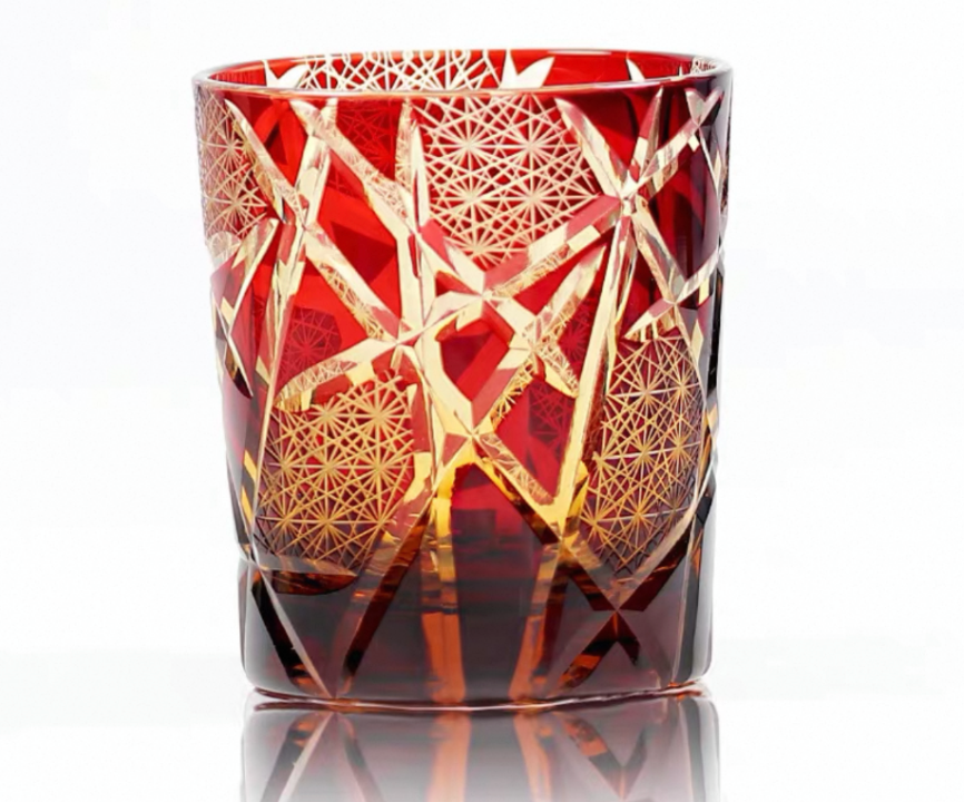 Exquisite Handmade Edo Kiriko "Twilight of the Gods" Amber Crystal Tumbler