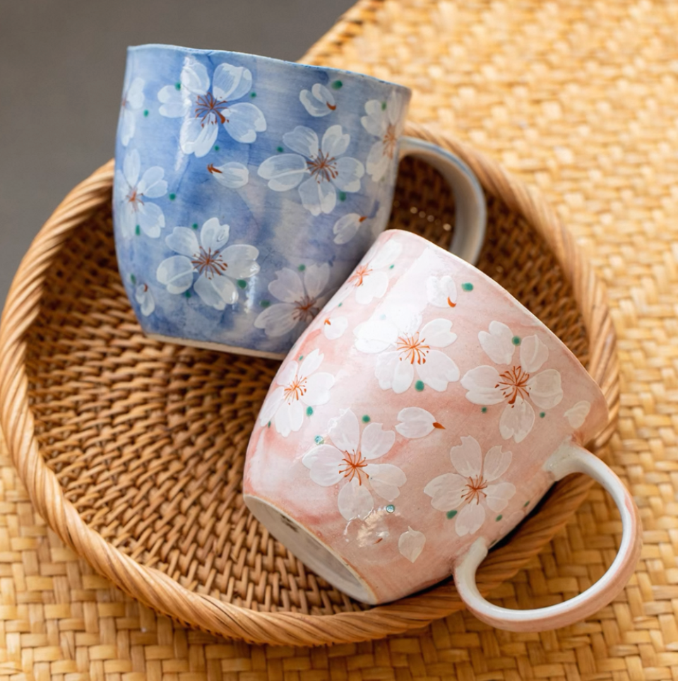 Authentic Mino Ware Cherry Blossom Pair Mugs, Handmade Gift Set