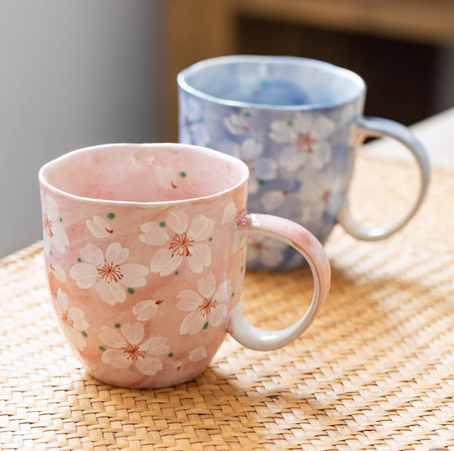 Authentic Mino Ware Cherry Blossom Pair Mugs, Handmade Gift Set