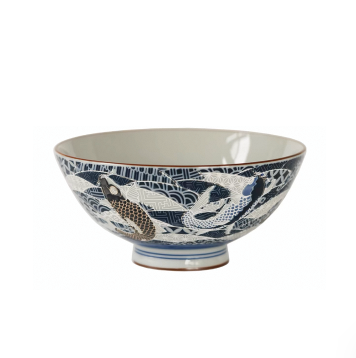 Handcrafted Mino Yaki Koi, Crane, Whale Japanese Ramen Bowls