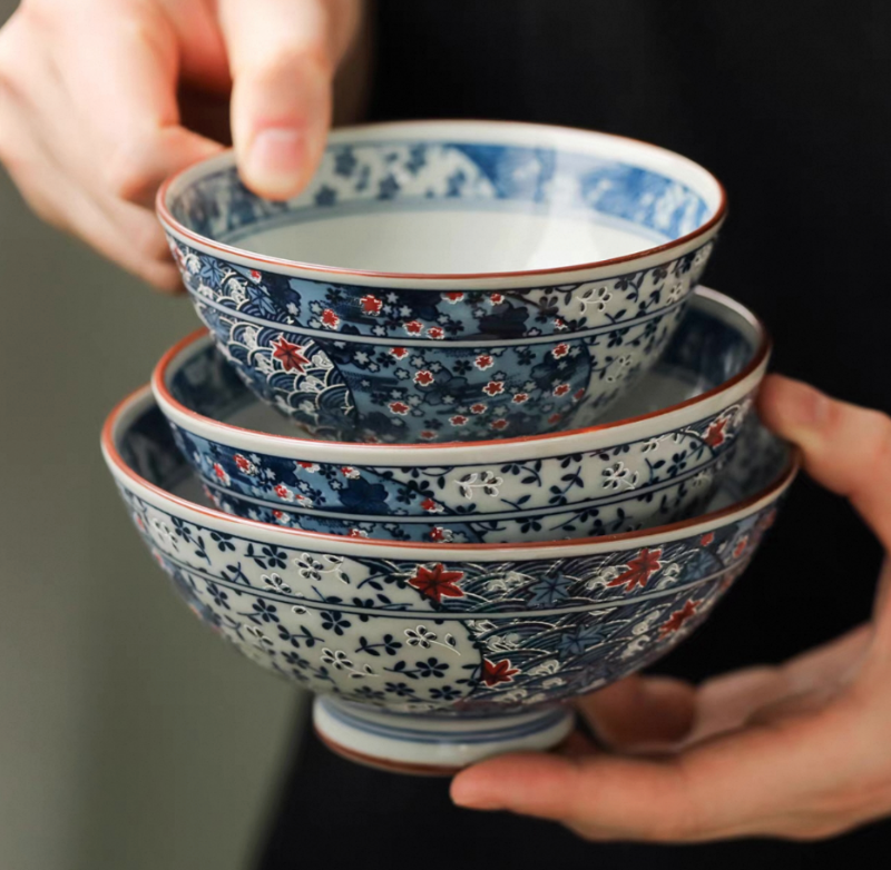 Authentic Mino Ware Antique Blue Cherry Blossom Rice/Soup Bowl, Handmade