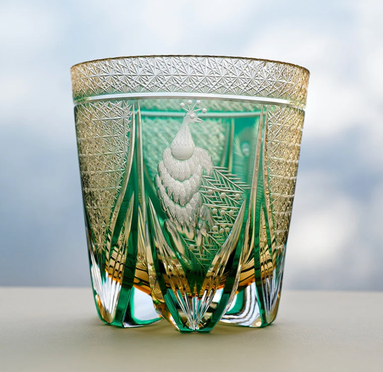 Edo Kiriko Handcrafted Violet Peacock Whisky Glass – A Royal Bloom in Crystal