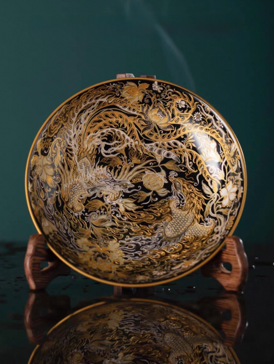 Phoenix & Dragon Teapot Stand | Falangcai Gold Silver Porcelain