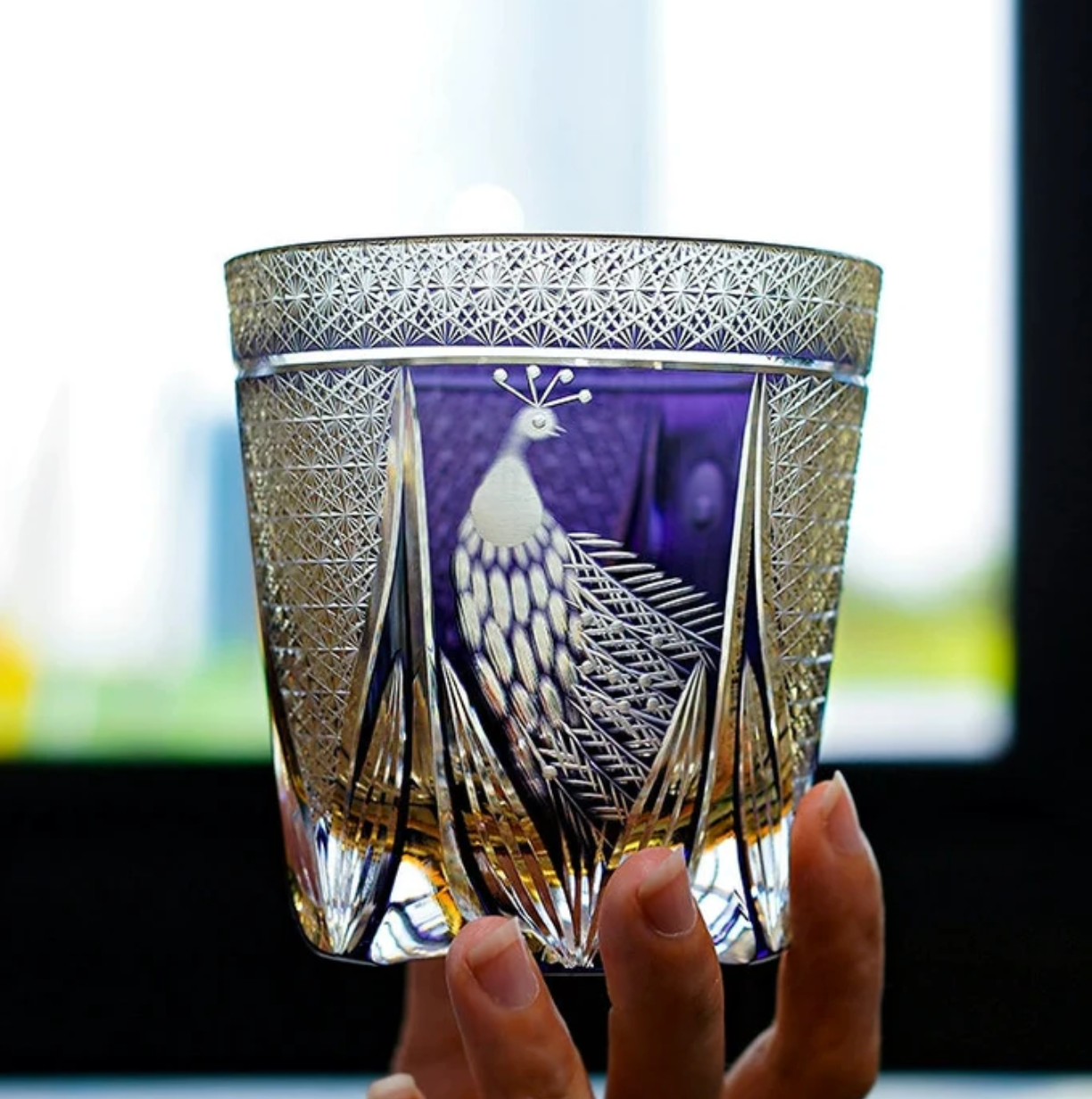 Edo Kiriko Handcrafted Emerald Peacock Whisky Glass – A Verdant Gem of Japanese Artistry