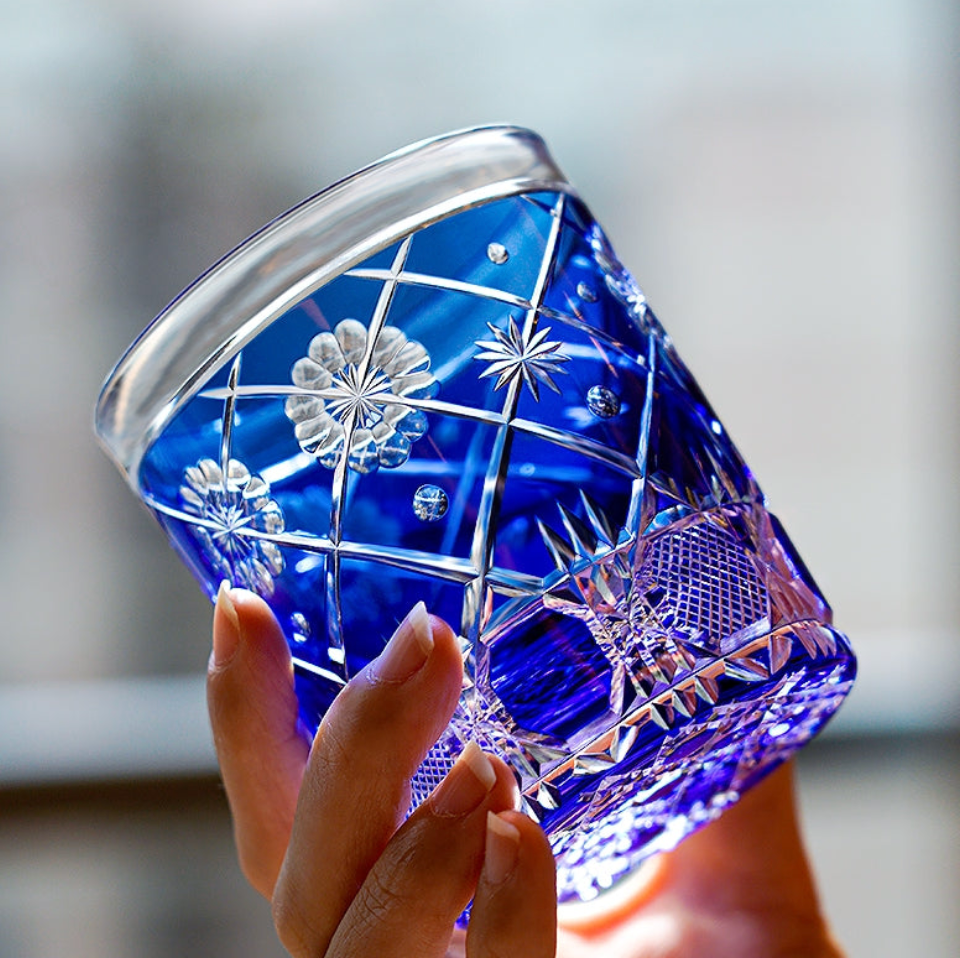 Edo Kiriko Handcrafted "Violet Kohana Blossom" Crystal Glass – Japanese Artisan Luxury with Wooden Box
