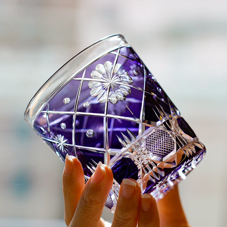 Edo Kiriko Handcrafted Royal Blue Kohana Blossom Glass – A Deep Ocean of Delicate Beauty in Crystal