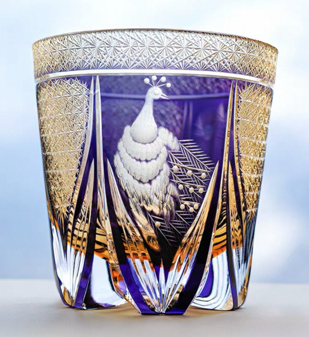 Personalized Edo Kiriko Handcrafted Violet Peacock Whisky Glass – A Royal Bloom in Crystal
