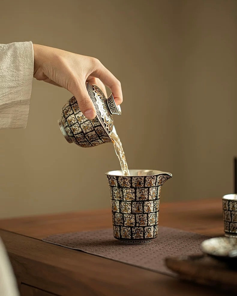 Gilded Silver "Ten Thousand Buddhas" Grottoes Sancai Gaiwan