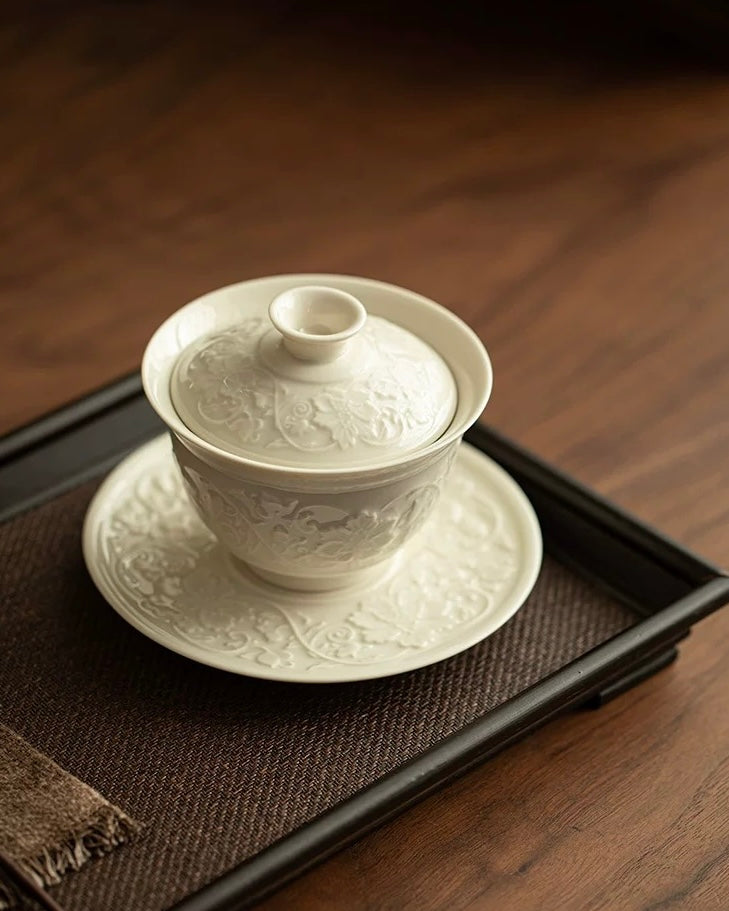 "Ding Kiln White" Embossed Intertwining Lotus Sancai Gaiwan