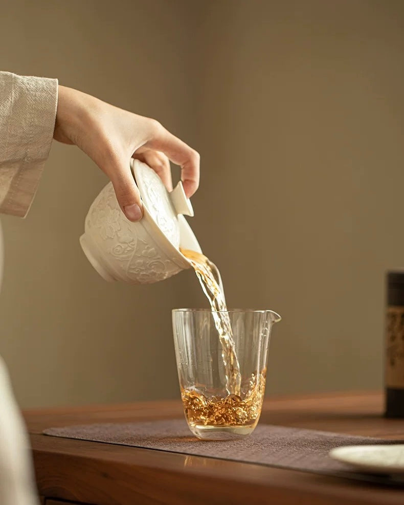 "Ding Kiln White" Embossed Intertwining Lotus Sancai Gaiwan - Thumbnail 4