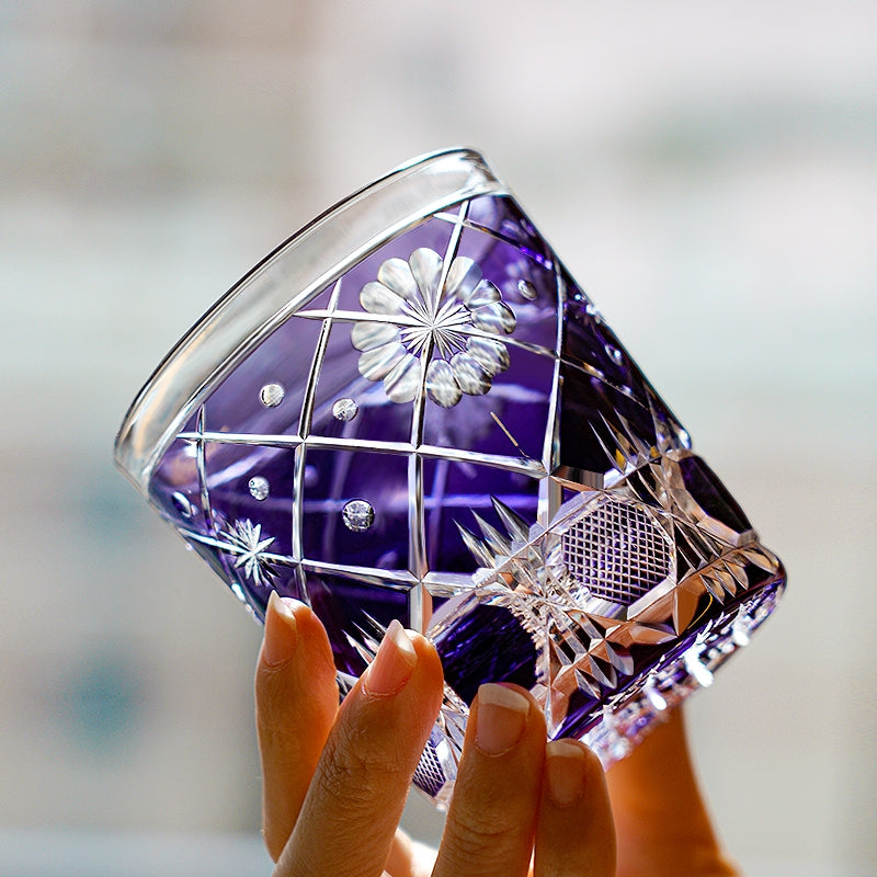 Edo Kiriko Handcrafted "Violet Kohana Blossom" Crystal Glass – Japanese Artisan Luxury with Wooden Box