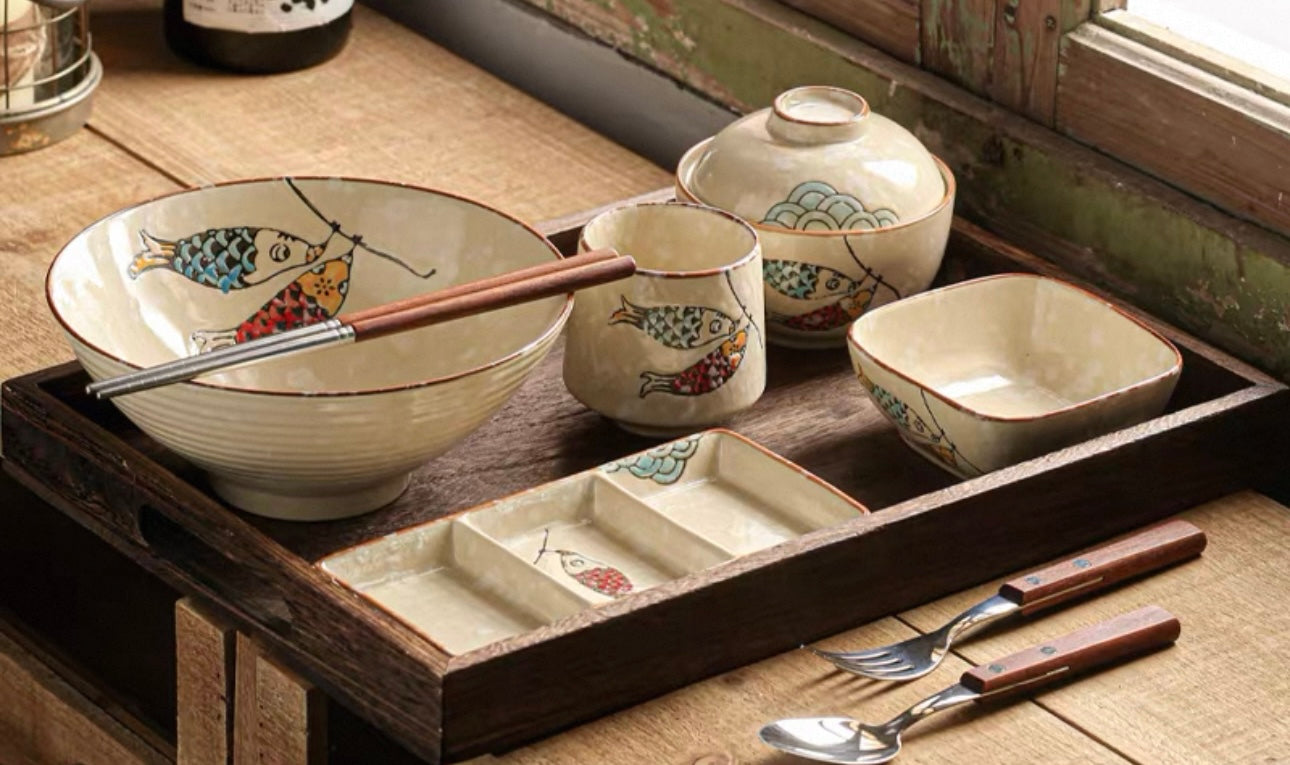 9-Piece Japanese Handmade Ramen Tableware Set: Cat and Fish Motif