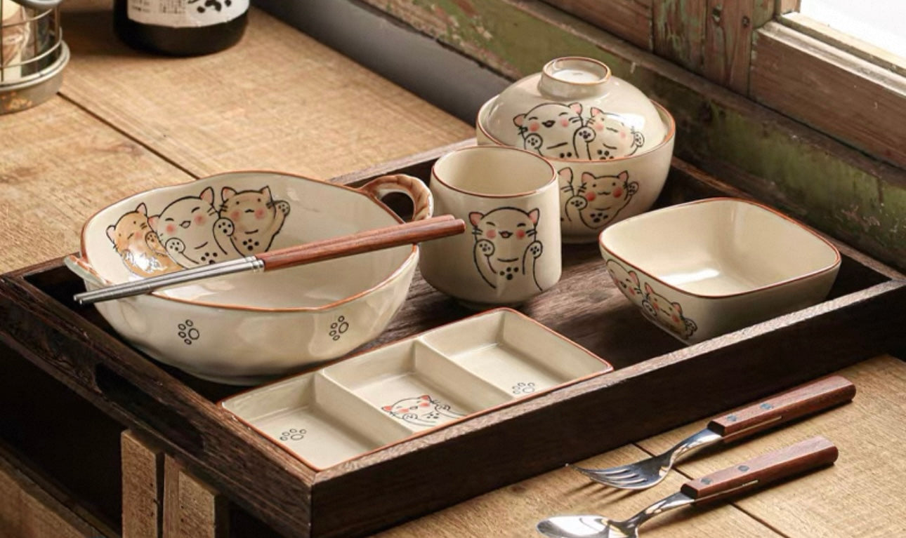 9-Piece Japanese Handmade Ramen Tableware Set: Cat and Fish Motif