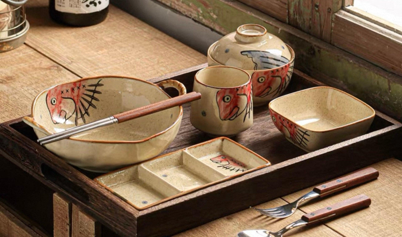 9-Piece Japanese Handmade Ramen Tableware Set: Cat and Fish Motif